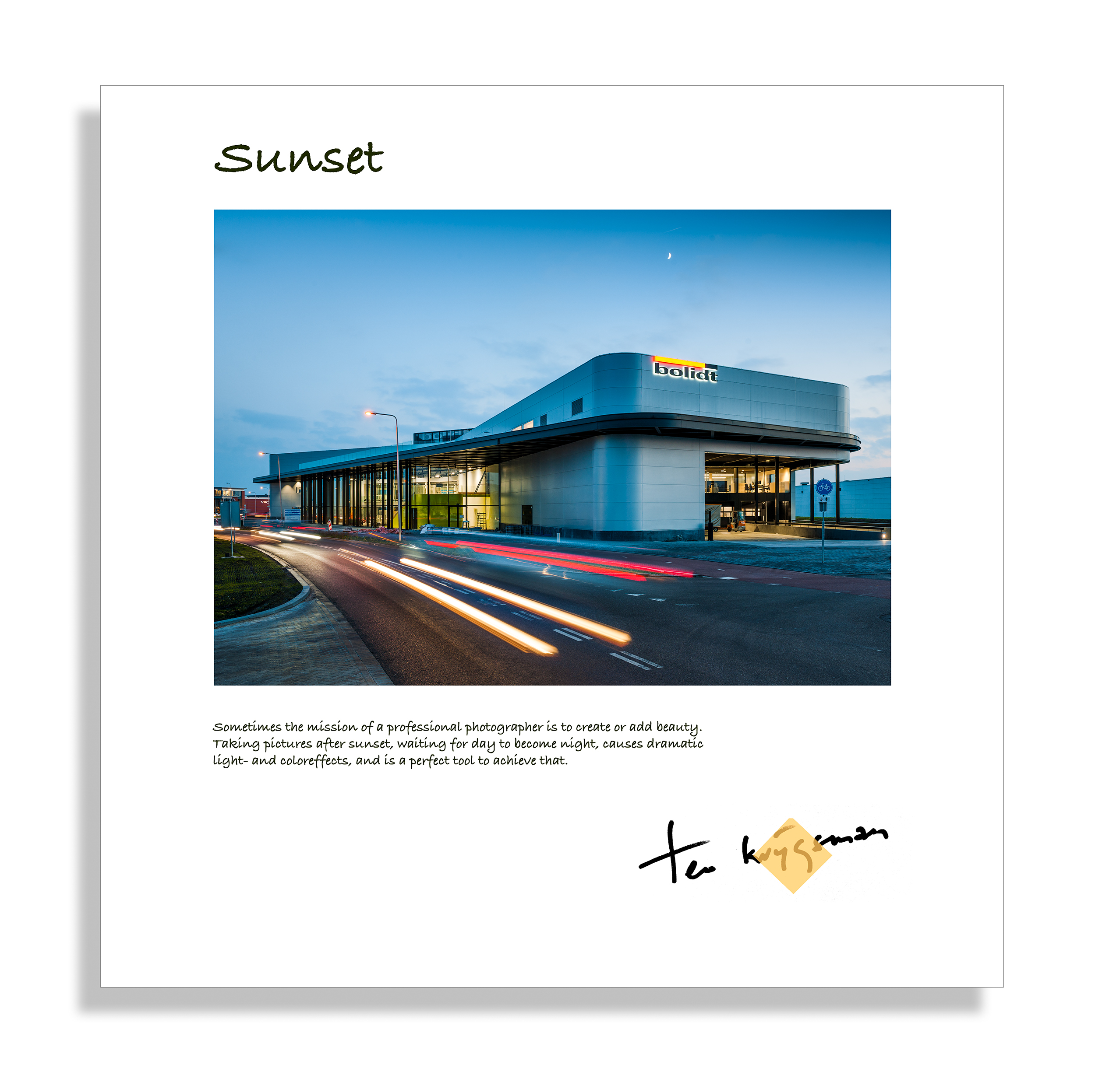 Themaprint met tekst 'Sunset', gesigneerd op goudfolie