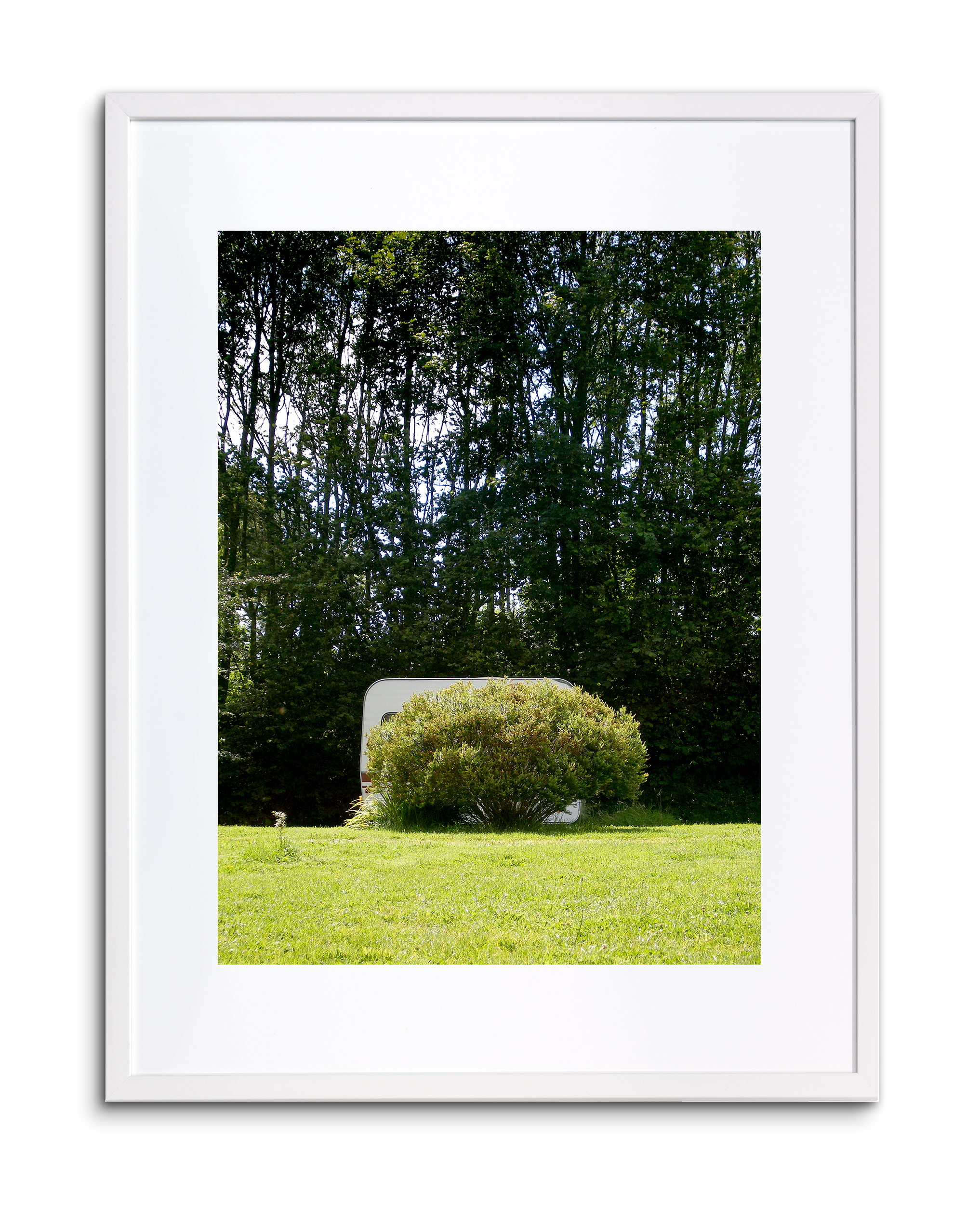 Caravan achter bosje